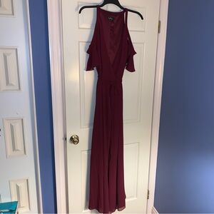 LULUS FULL LENGTH MAROON WRAP DRESS WITH CUT OUT SHOULDER SLEEVES